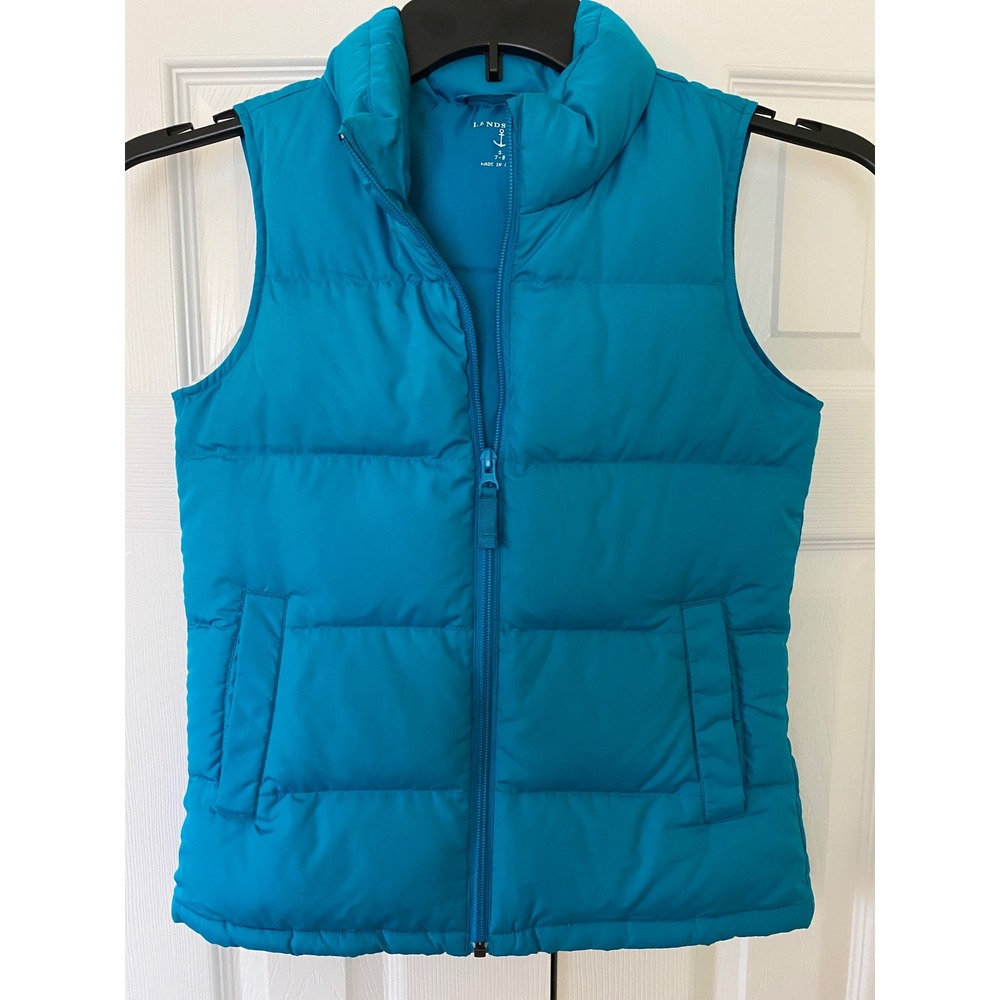Lands End Puffer Vest Kids Size S 7-8 Turquoise Quilted Zip Up 80/20 Down Filled